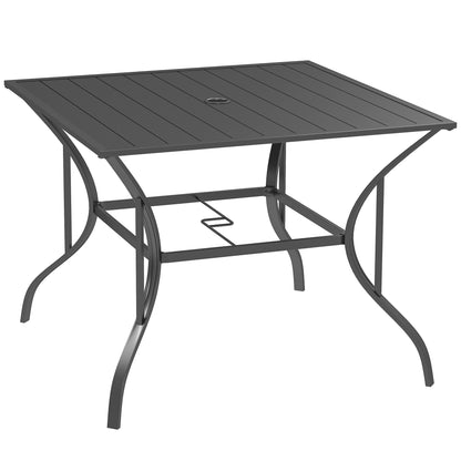 94 x 94 cm Garden Table with Parasol Hole, Outdoor Dining Garden Table for Four with Slatted Metal Plate Top, Dark Grey