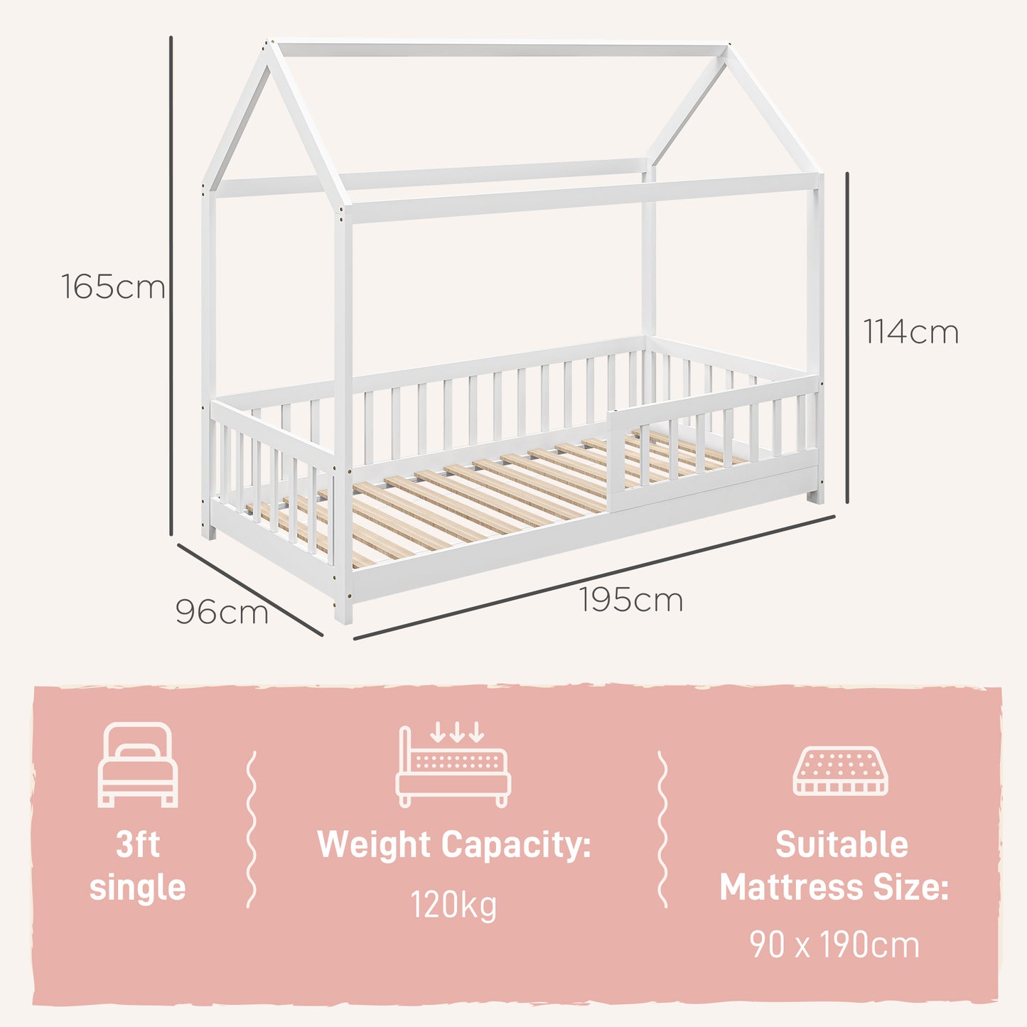 House-Shaped Kids Bed Frame with Guard Rails, Solid Pine Wood Single Bed Frame for Kids Boys and Girls