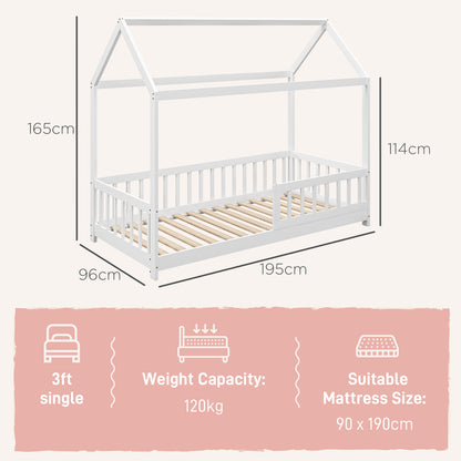 House-Shaped Kids Bed Frame with Guard Rails, Solid Pine Wood Single Bed Frame for Kids Boys and Girls