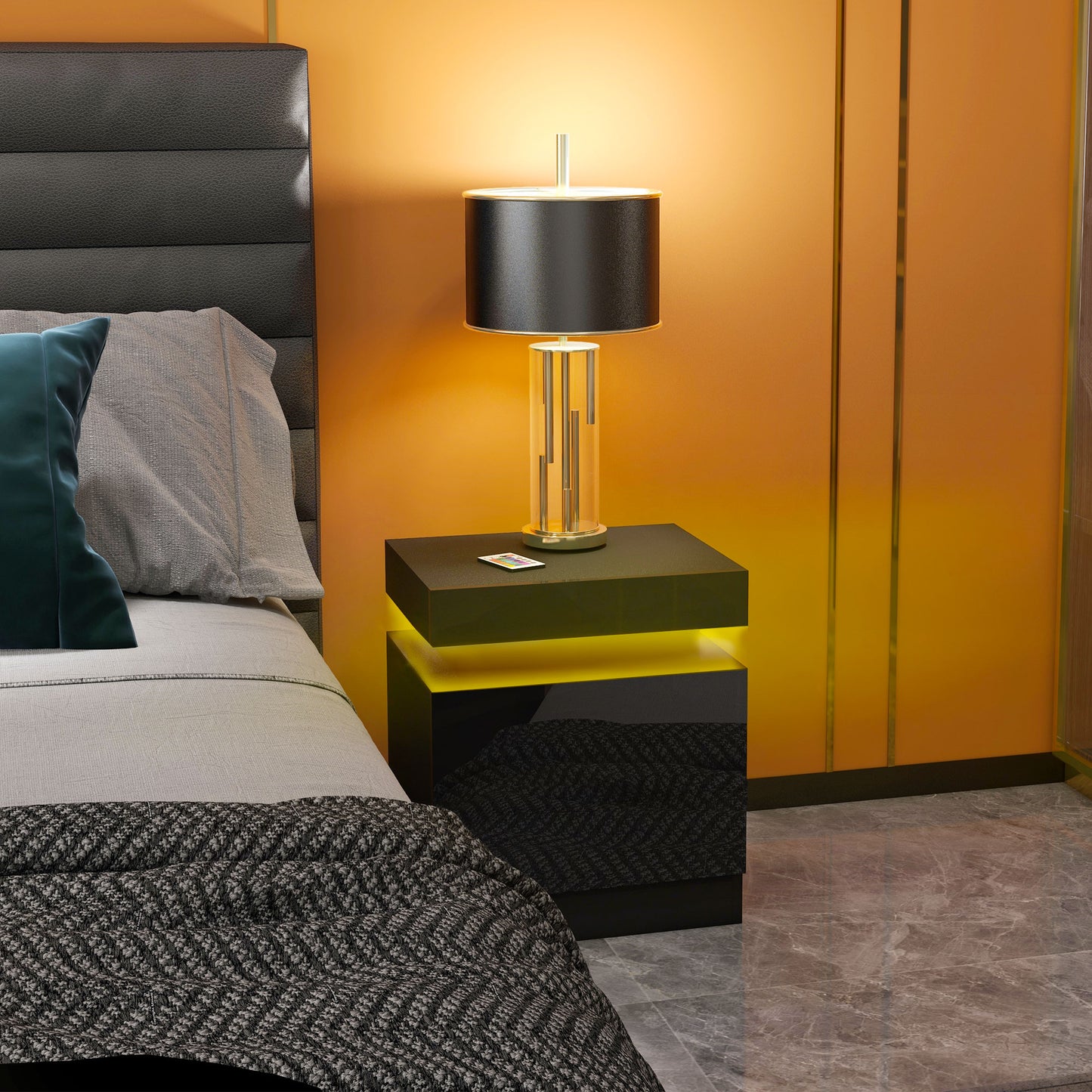 Black Bedside Table with LED Light, High Gloss Front Nightstand with 2 Drawers, for Living Room, Bedroom