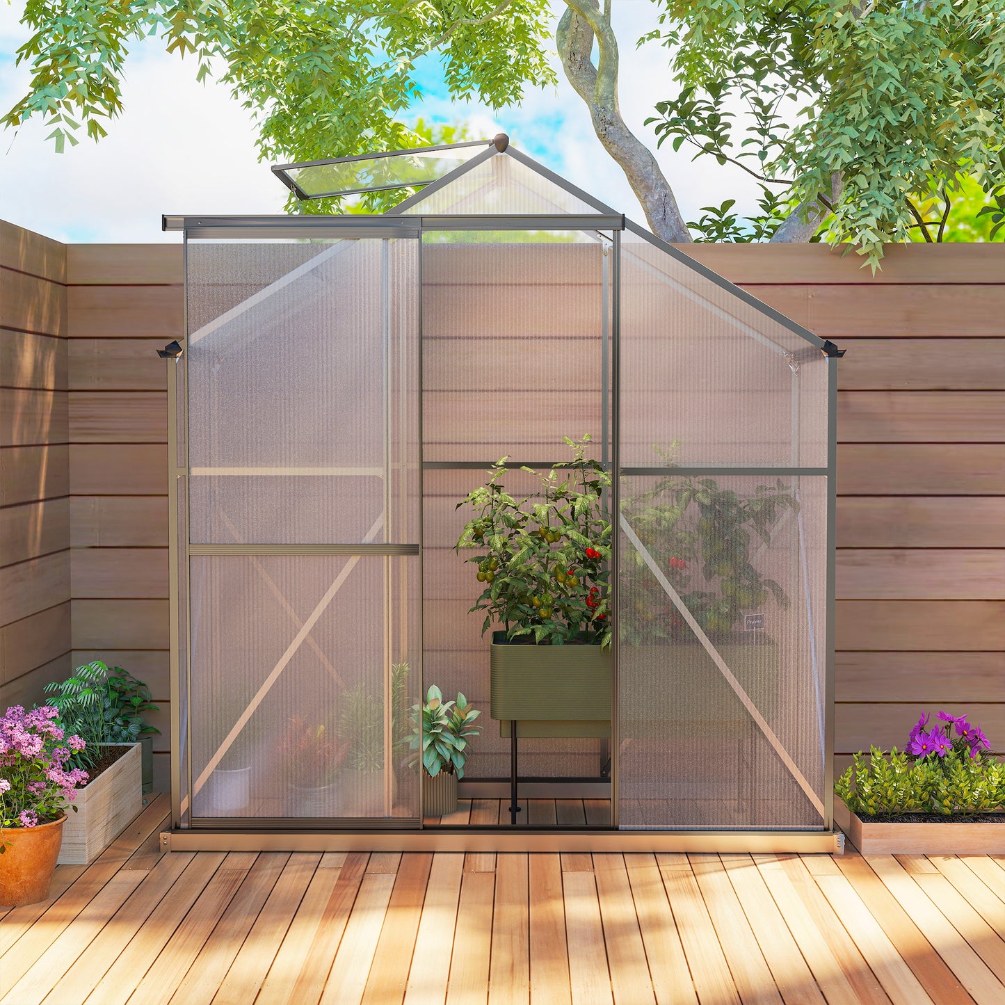 6 x 2.5ft Polycarbonate Greenhouse Walk-In Green House with Rain Gutter, Sliding Door, Window, Foundation, Dark Grey