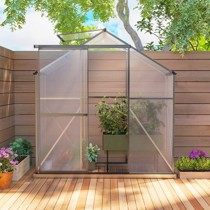 6 x 2.5ft Polycarbonate Greenhouse Walk-In Green House with Rain Gutter, Sliding Door, Window, Foundation, Dark Grey