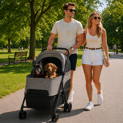 Pet Stroller, Foldable Dog Cat Stroller with Detachable Carrier, Wheels, Storage Basket, Secure Leash
