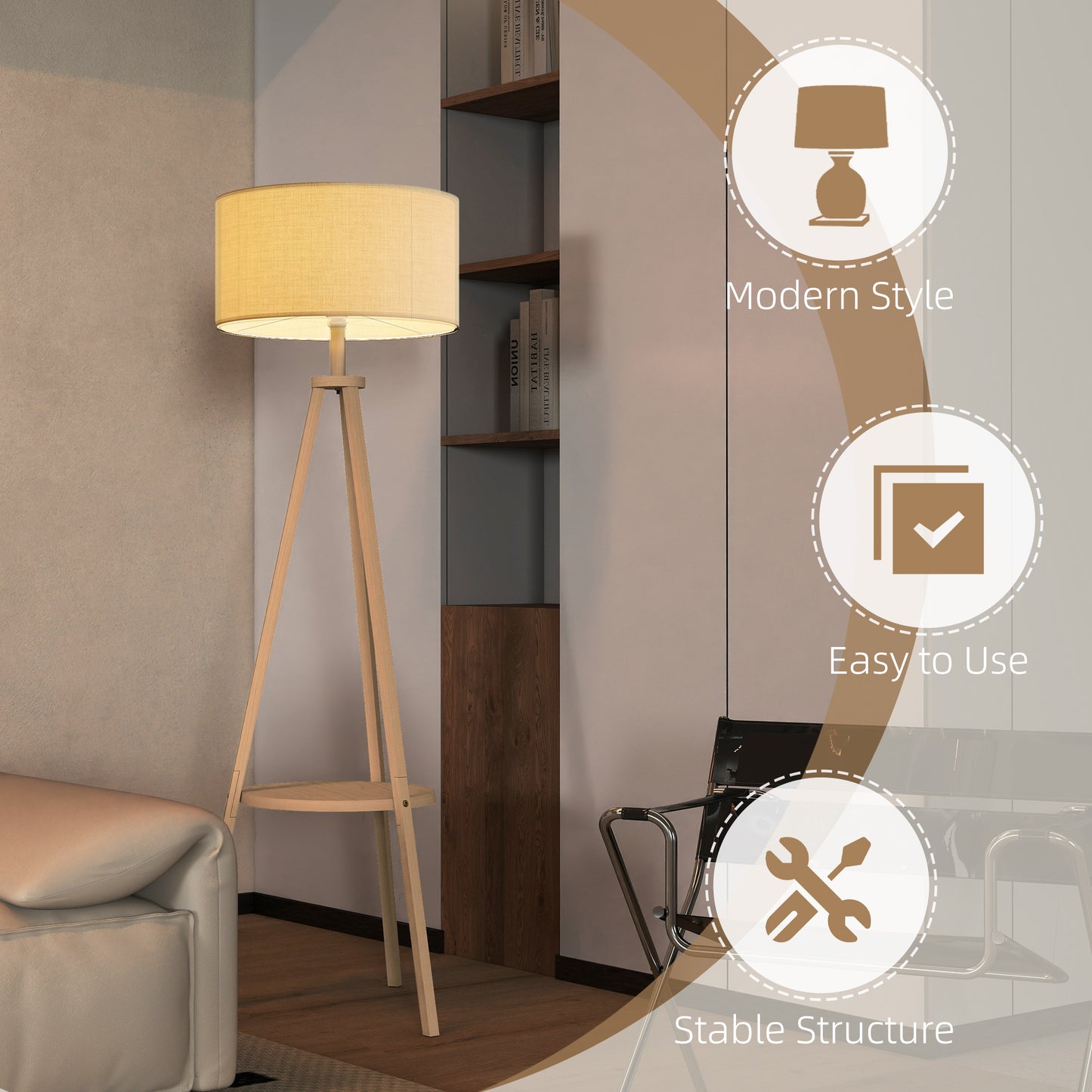 Bedside Light, Tripod Floor Lamp with Storage Shelf and Linen Shade for Living Room, 160cm, Natural Wood Colour