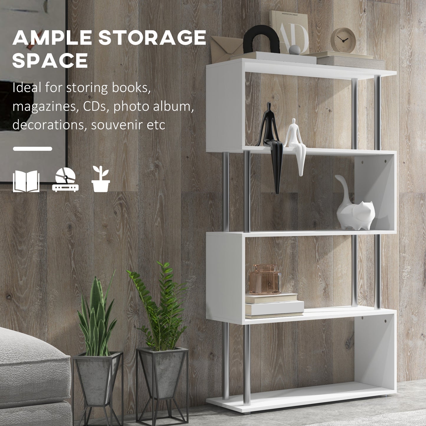 S Shape Bookcase, 5 Tiers Bookshelf, Modern Freestanding Storage Shelf for Home Office, Study, Living Room, 80 x 30 x 145cm