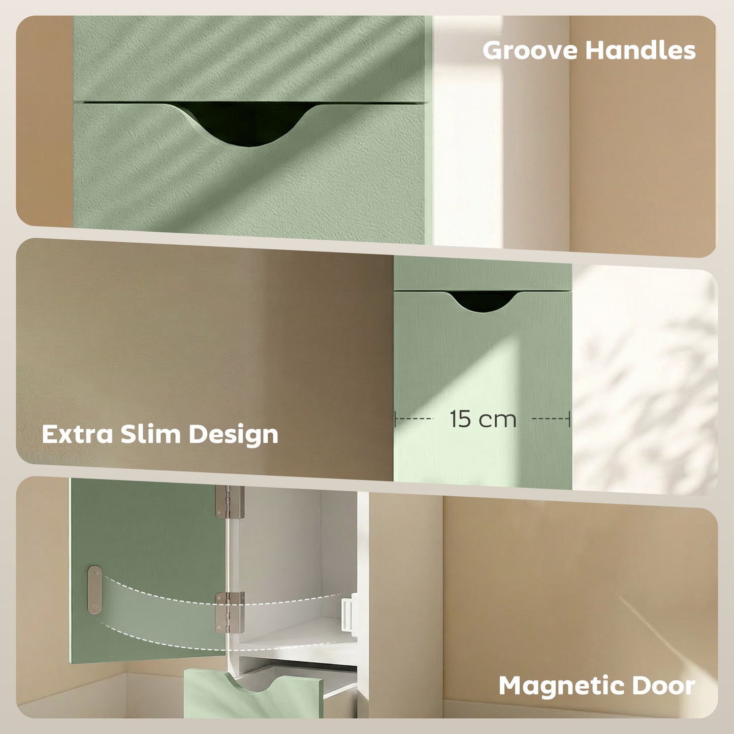 Slim Bathroom Storage Cabinet, Tall Bathroom Floor Cabinet with 2-Tier Shelf and 2 Drawers, White and Light Green