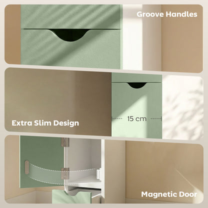 Slim Bathroom Storage Cabinet, Tall Bathroom Floor Cabinet with 2-Tier Shelf and 2 Drawers, White and Light Green