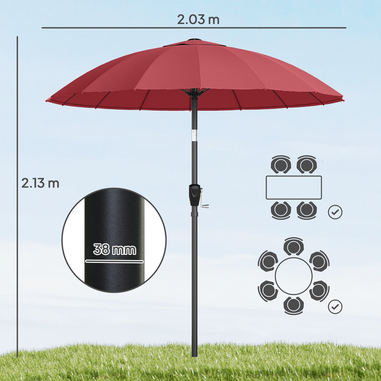 2 m Shanghai Garden Parasol Umbrella with 16 Fibreglass Ribs, Outdoor Parasol Sun Shade with Crank & Tilt, Wine Red