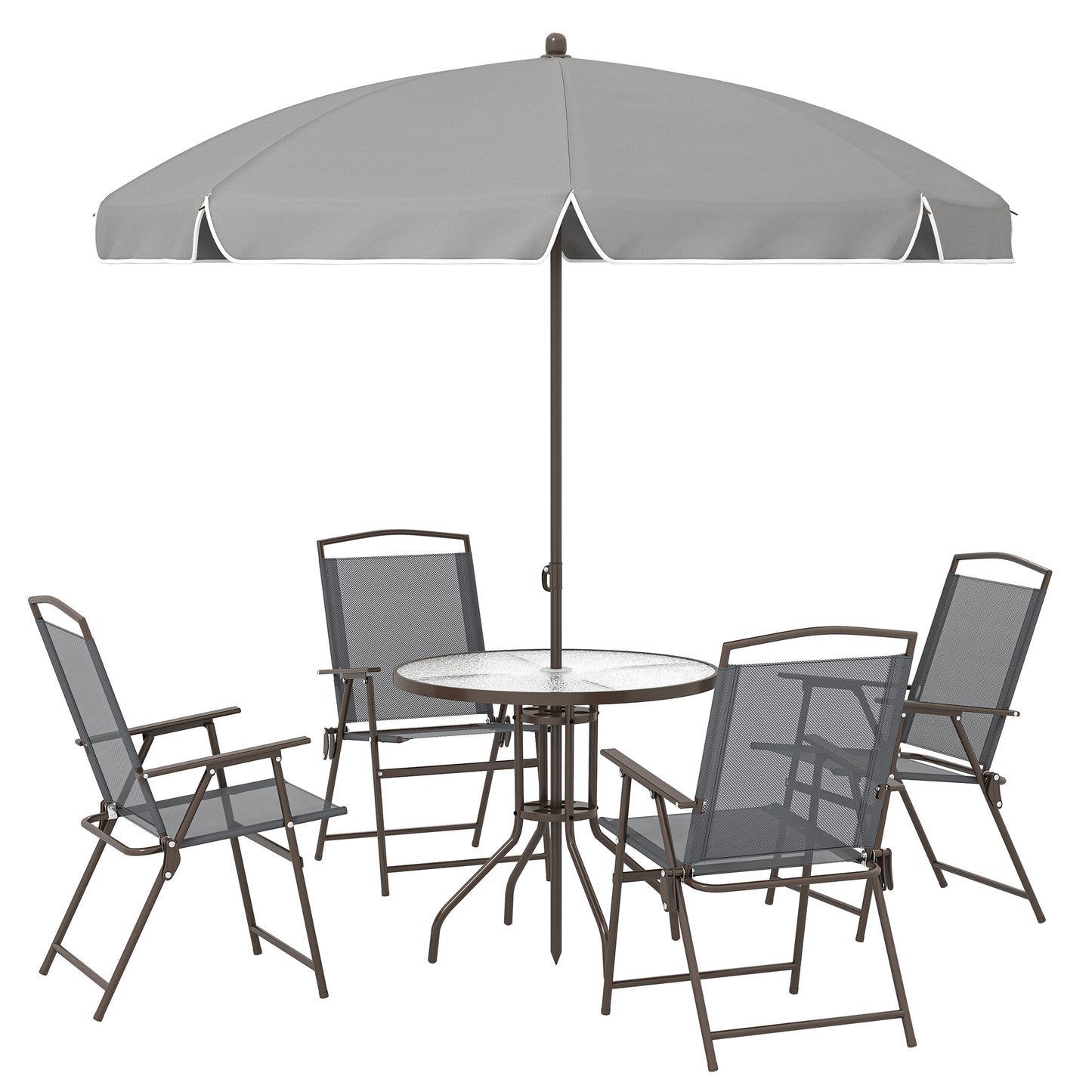 6 Piece Garden Dining Set with Umbrella, Patio Sets with Parasol, 4 Folding Dining Chairs, Dark Grey