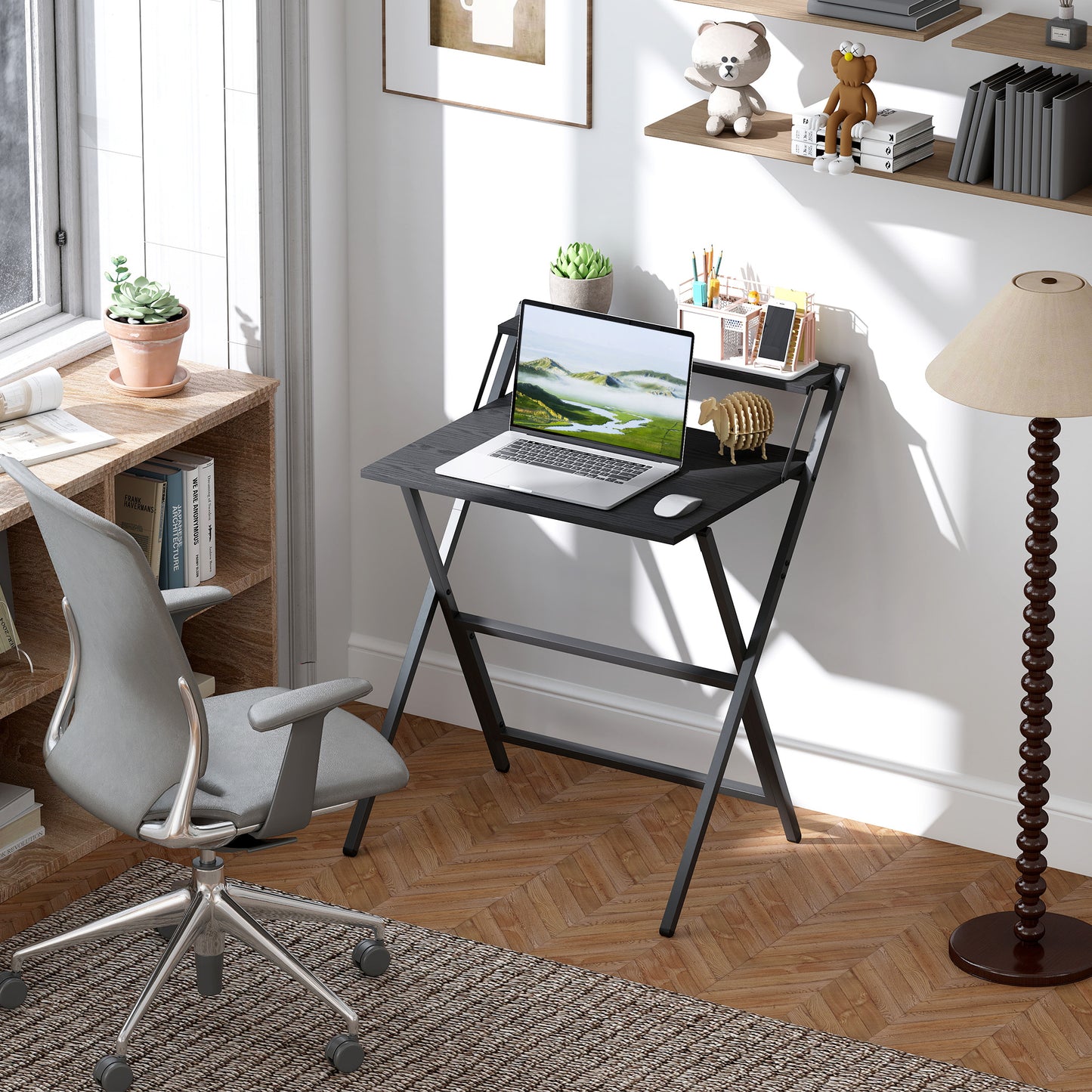 70 cm Folding Computer Desk with Monitor Shelf - Black
