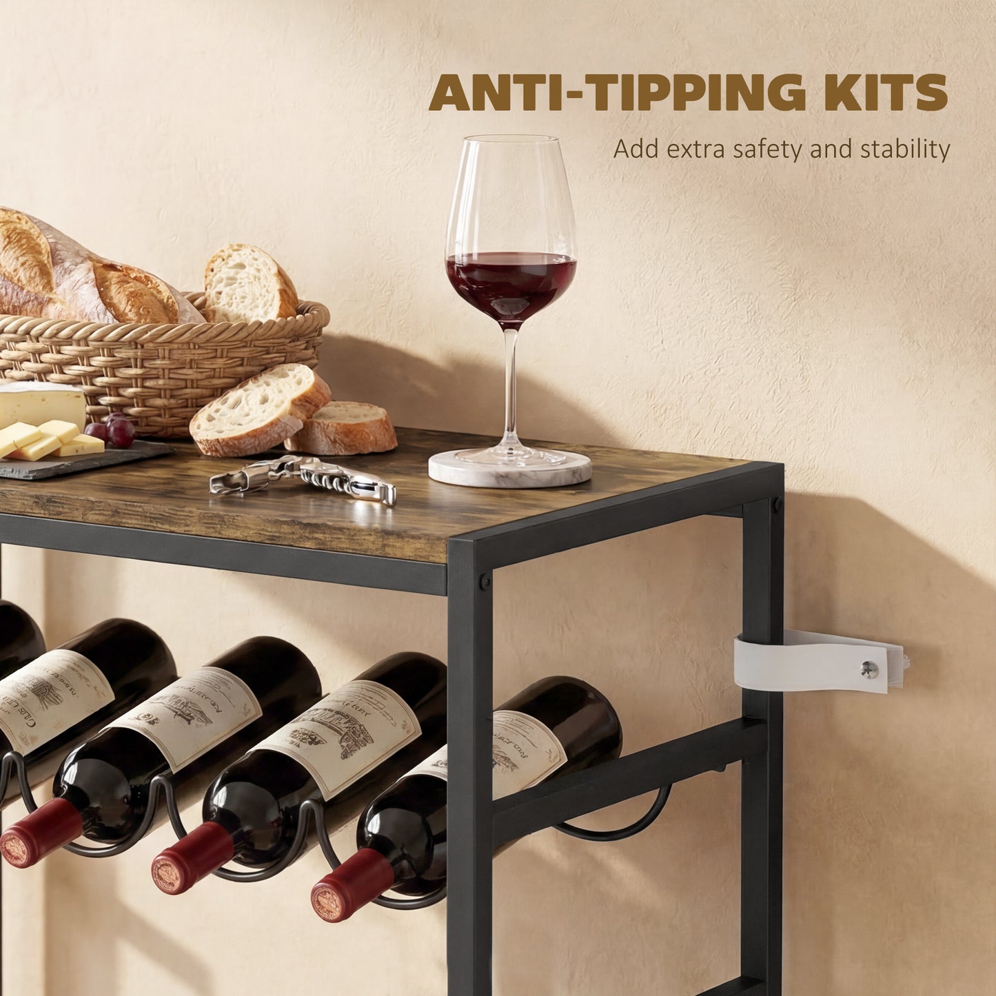 30 Bottles Wine Rack, 6 Tier Free Standing Wine Storage Holder with Wood Effect Tabletop, Rustic Brown