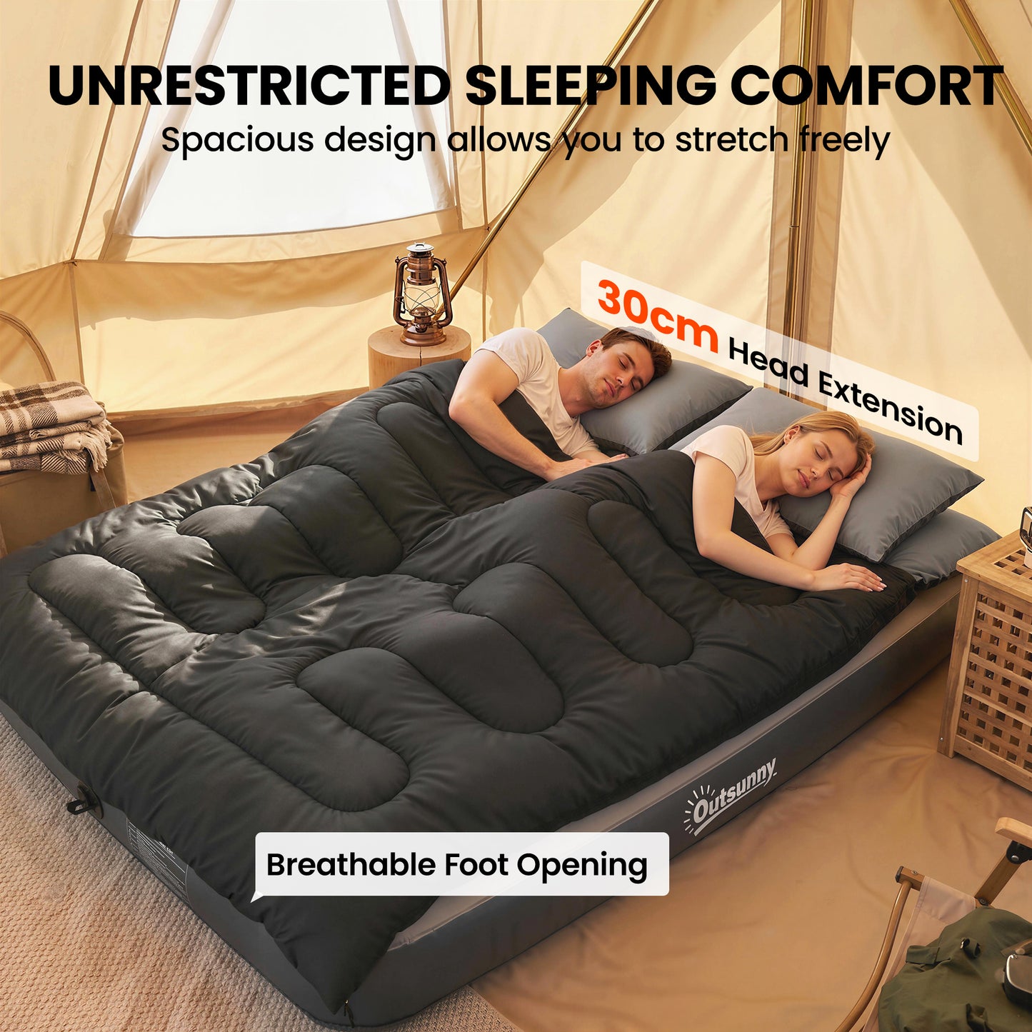 Double Sleeping Bag with 2 Pillows, 220 x 160 cm Extra-Large Sleeping Bag for Adults, Black