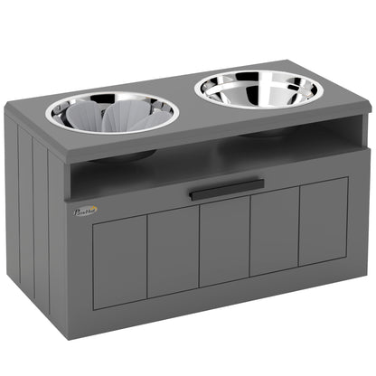 Raised Dog Bowl with Slow Feeder, Two Stainless Steel Dog Bowls, Drawer, for Large and Extra Large Dogs, Grey