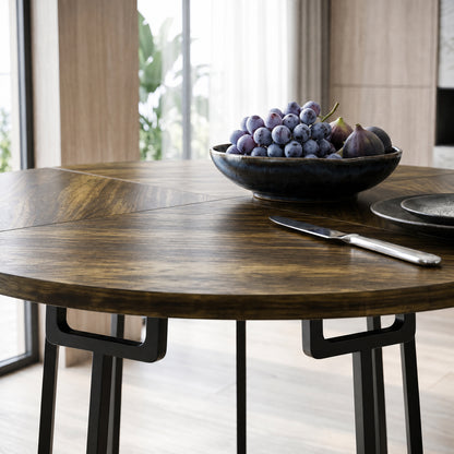 Dining Table Space Saving Kitchen Table Spliced Tabletop Conical Metal Base 120 cm Round Rustic Brown