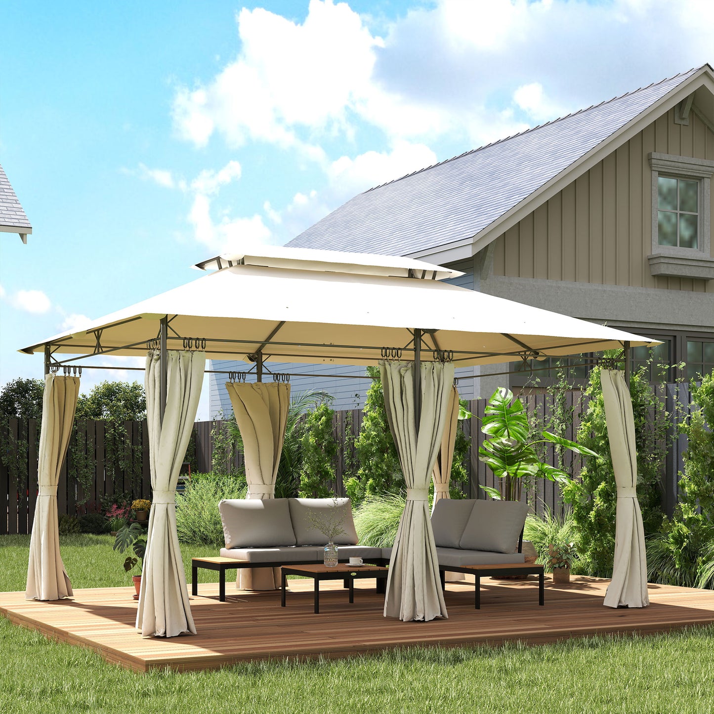 3 x 4m Metal Frame, Two-Tier Roof Gazebo - Cream White