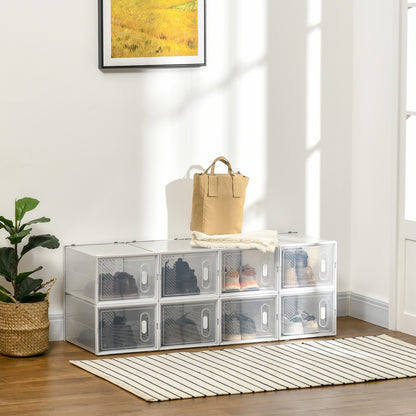 8PCS Clear Shoe Box, Plastic Stackable Shoe Storage Box for UK/EU Size up to 12/46 with Magnetic Door for Women/Men