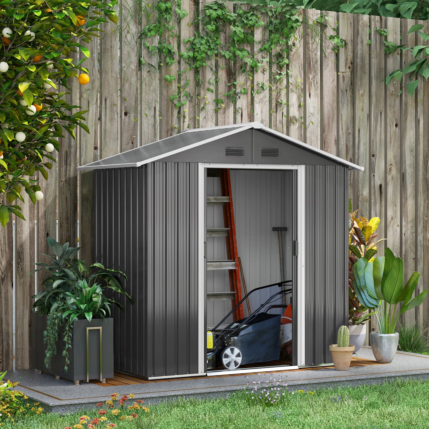 6.5x3.5ft Metal Garden Storage Shed for Outdoor Tool Storage with Double Sliding Doors and 4 Vents, Dark Grey