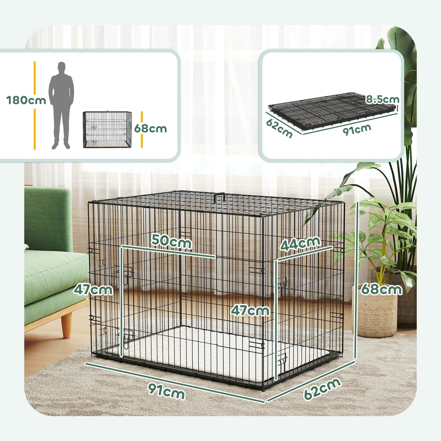 Foldable Dog Crate with 2 Doors with Tray, Soft Cushion, for Large Medium Dogs, 90 x 58 x 62, Black