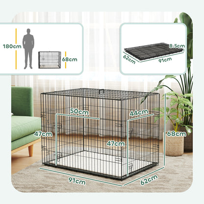 Foldable Dog Crate with 2 Doors with Tray, Soft Cushion, for Large Medium Dogs, 90 x 58 x 62, Black