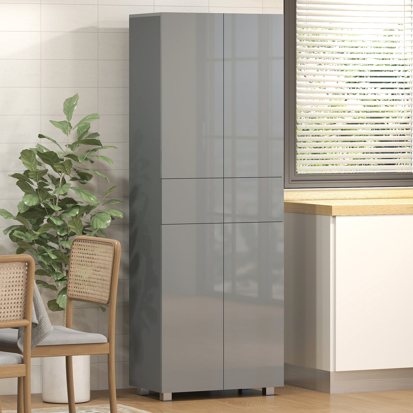 Storage Cabinet, Kitchen Cupboard with 3 Adjustable Shelves, 60L x 35W x 170H cm, High Gloss Grey