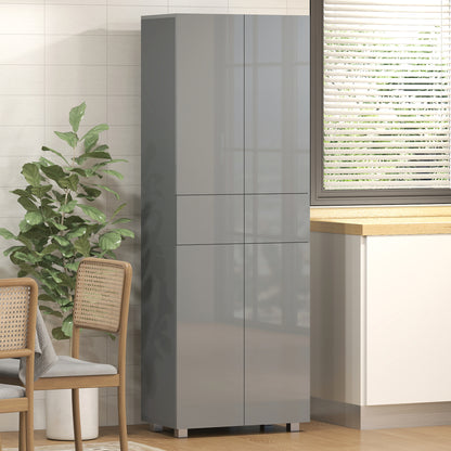 Storage Cabinet, Kitchen Cupboard with 3 Adjustable Shelves, 60L x 35W x 170H cm, High Gloss Grey