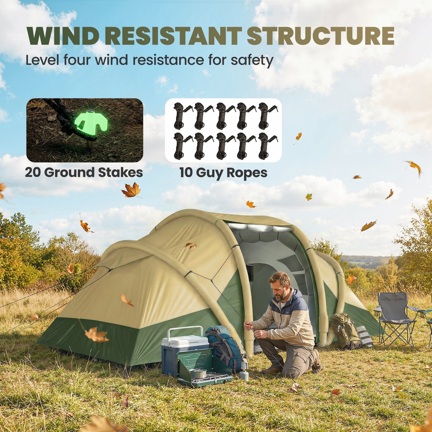 Inflatable Tent 2 Bedroom Tunnel Design Windproof Air Tent with Carry Bag for 4 Person