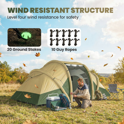 Inflatable Tent 2 Bedroom Tunnel Design Windproof Air Tent with Carry Bag for 4 Person