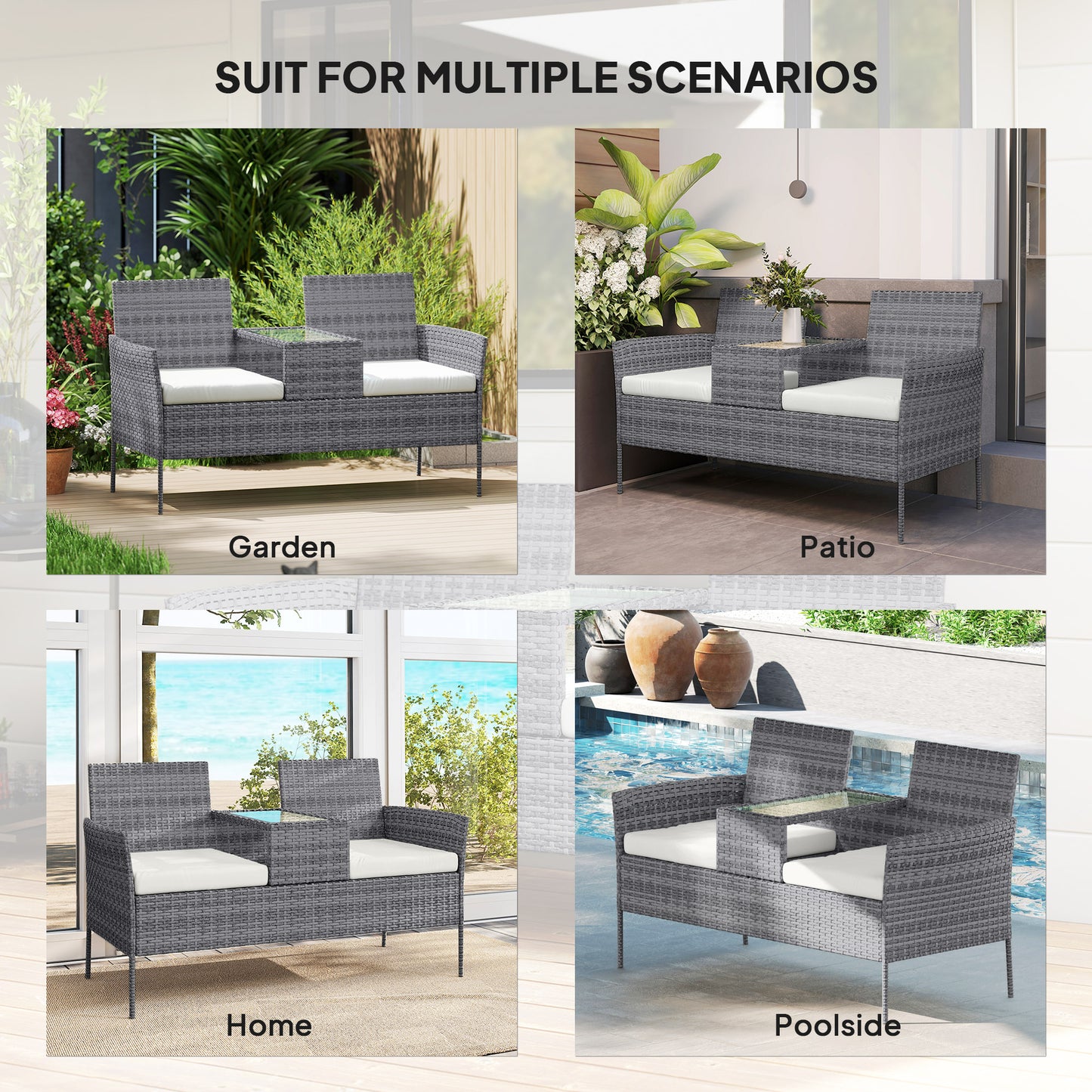 Two-Seat Rattan Chair, with Middle Table - Grey