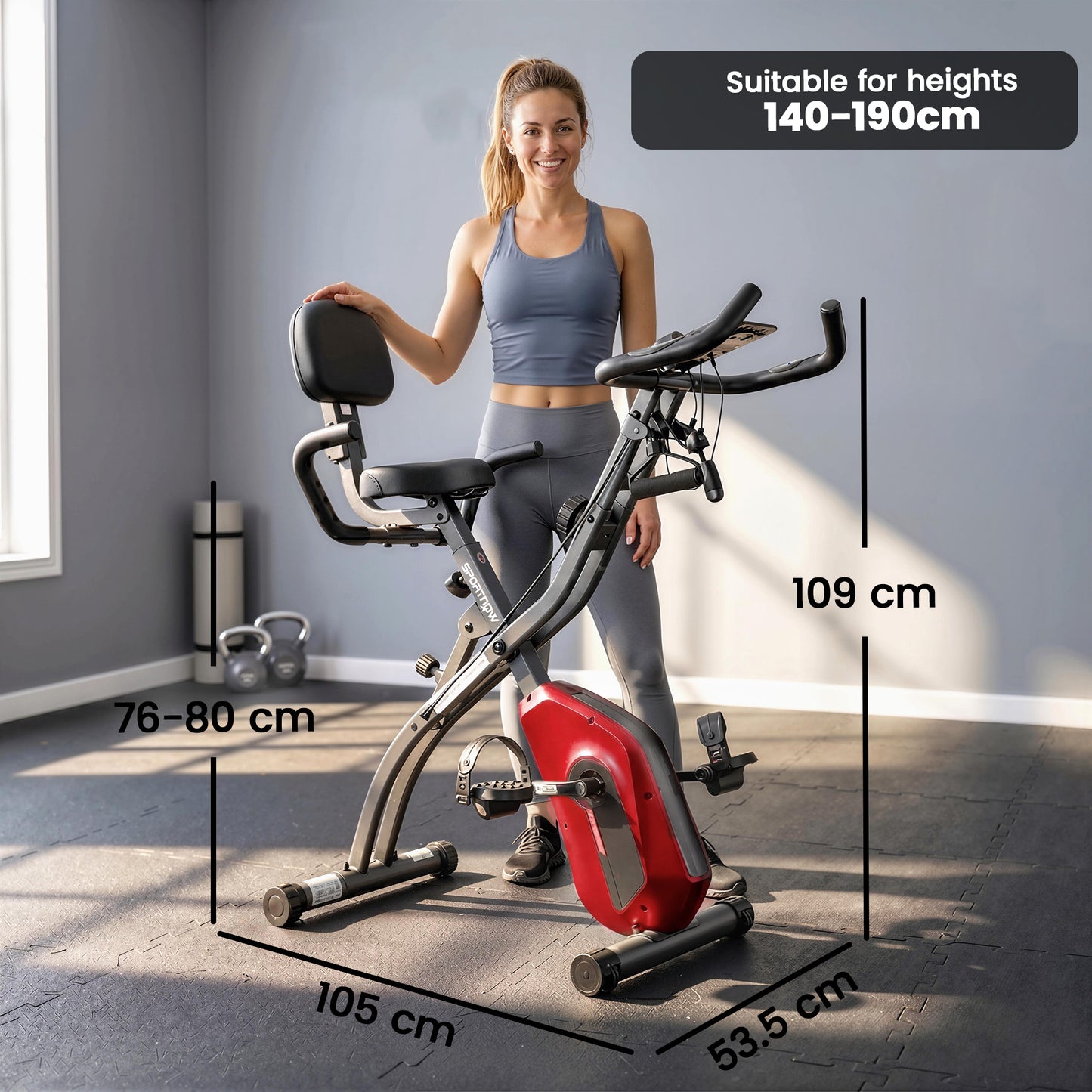 4-In-1 Folding Exercise Bike with Resistance Bands, Bluetooth App, 8-Level Magnetic Resistance, LCD Display, Red