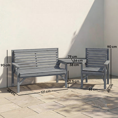 Wooden Garden Furniture Set with Parasol Hole, 1 Chair, 1 Bench and Detachable Table, Grey Embossed Finish