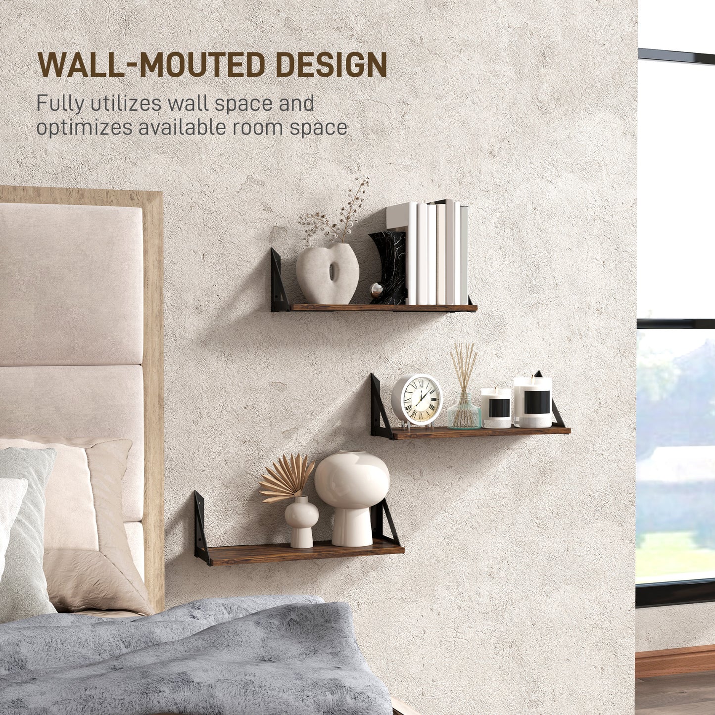 Set of 3 Wall Shelves, 43cm Vintage Wall Mounted Floating Shelves for Living Room, Entryway, Bedroom, Rustic Brown