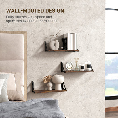 Set of 3 Wall Shelves, 43cm Vintage Wall Mounted Floating Shelves for Living Room, Entryway, Bedroom, Rustic Brown