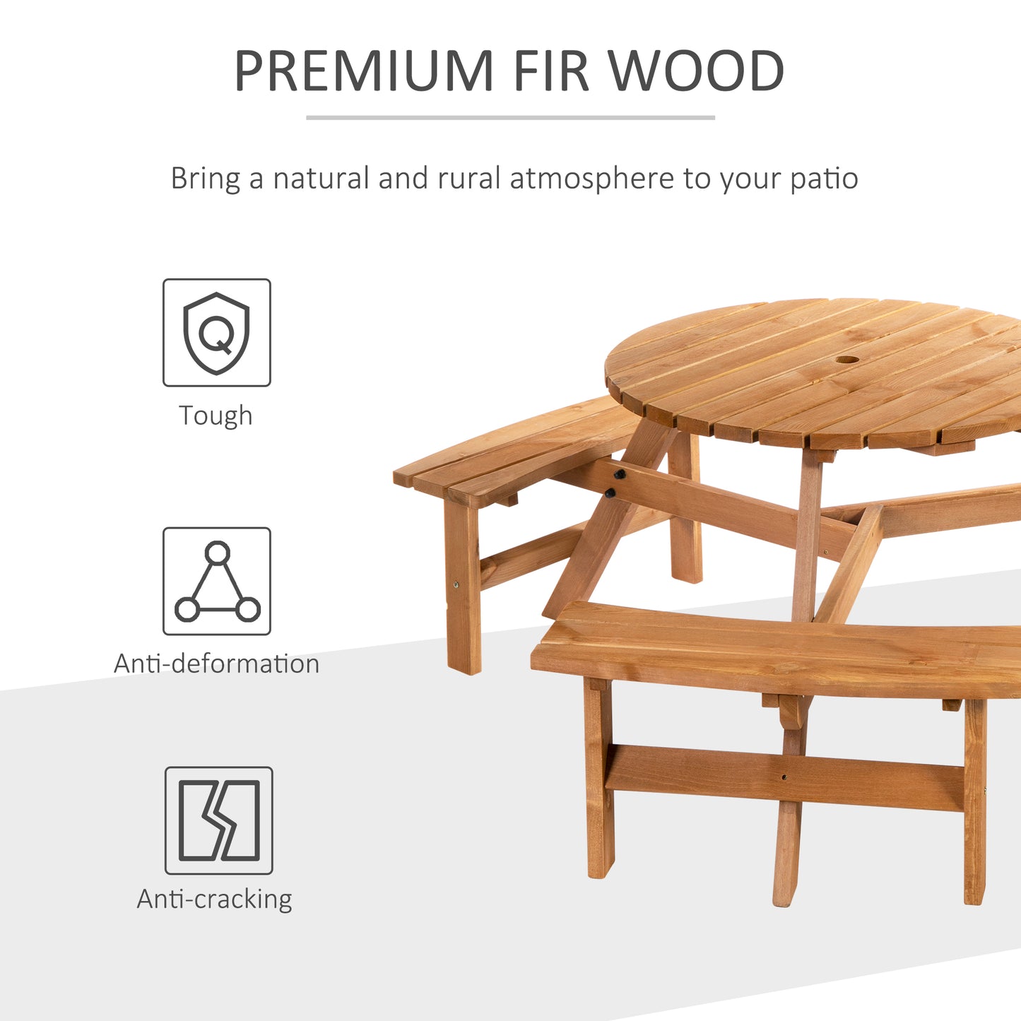 Wooden Garden Dining Set, 6 Seater Round Dining Picnic Table with Matching Bench