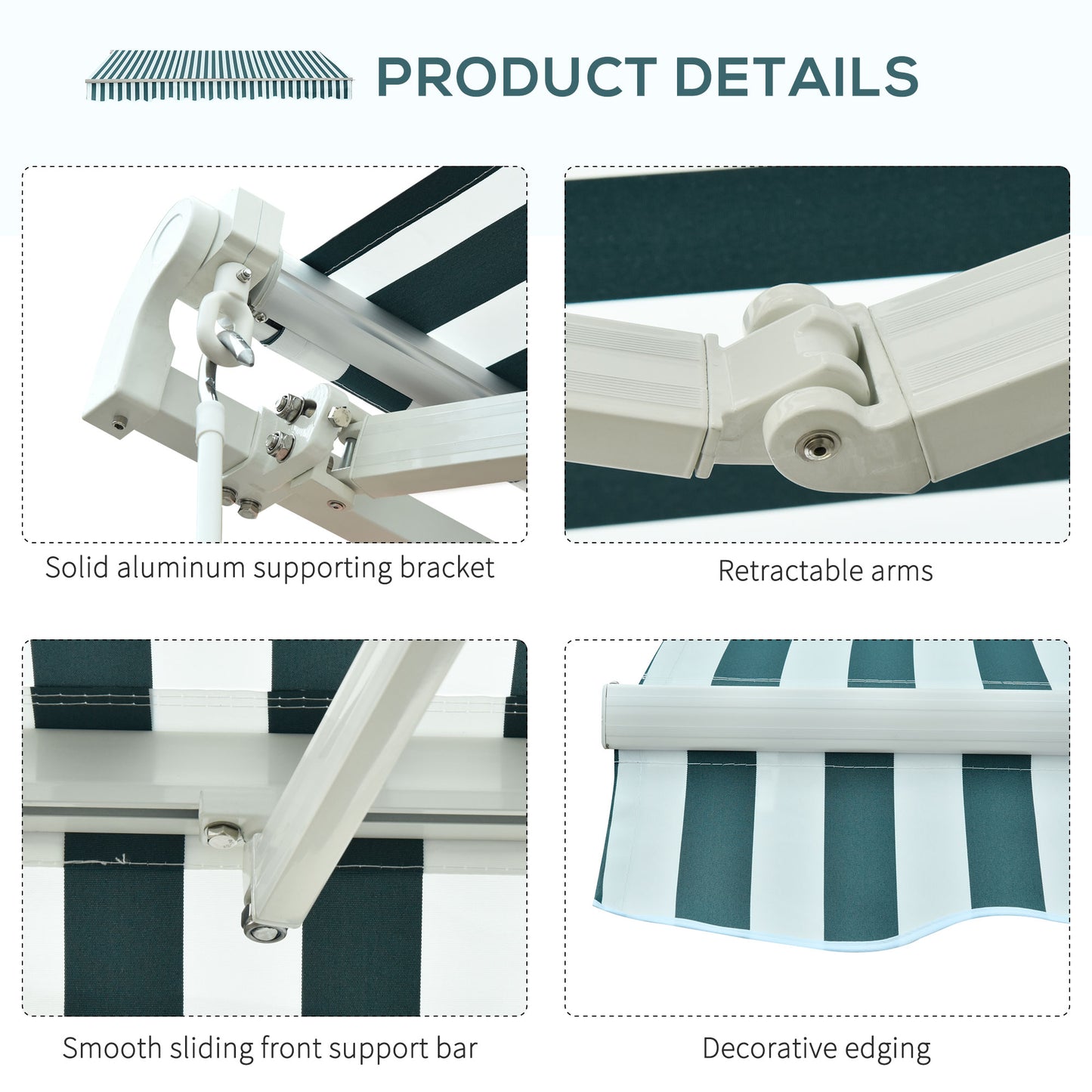 3 x 2.5m Patio Awning, Anti-UV and Waterproof Sun Shade Canopy with Chain Drive and Hand Crank, Green/White Stripes