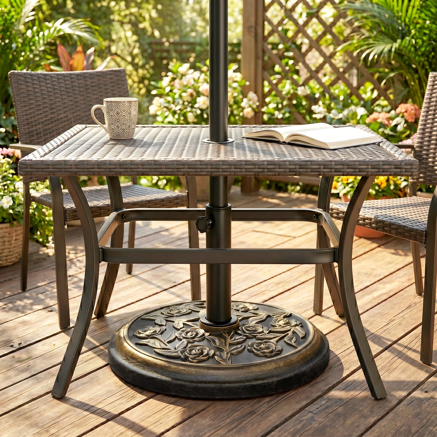 9kg Garden Parasol Base, Round Resin Cast Iron Effect Sun Umbrella Base