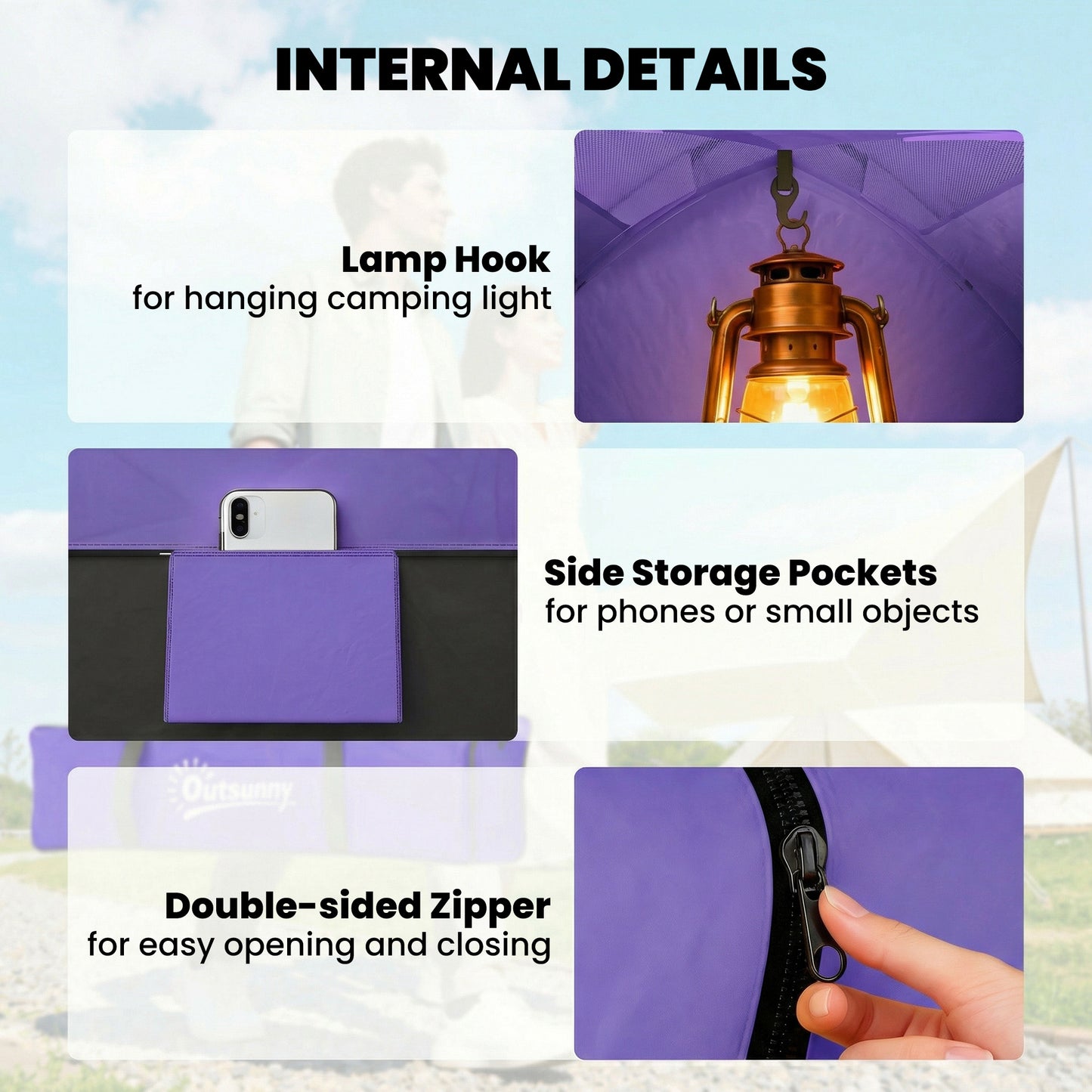 2 Person Camping Tent, Dome Tent with Zipped Doors, Storage Pocket, Portable Handy Bag, Light Purple