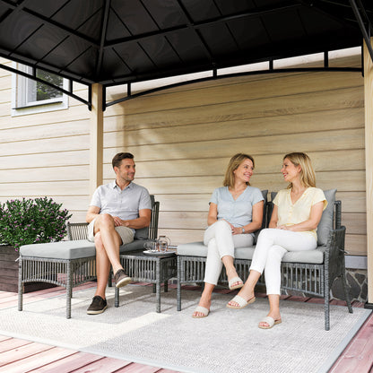 3 Piece Rattan Garden Furniture Corner Sofa Set with Chaise Lounge, Loveseat, Glass Coffee Table, Cushions, Dark Grey