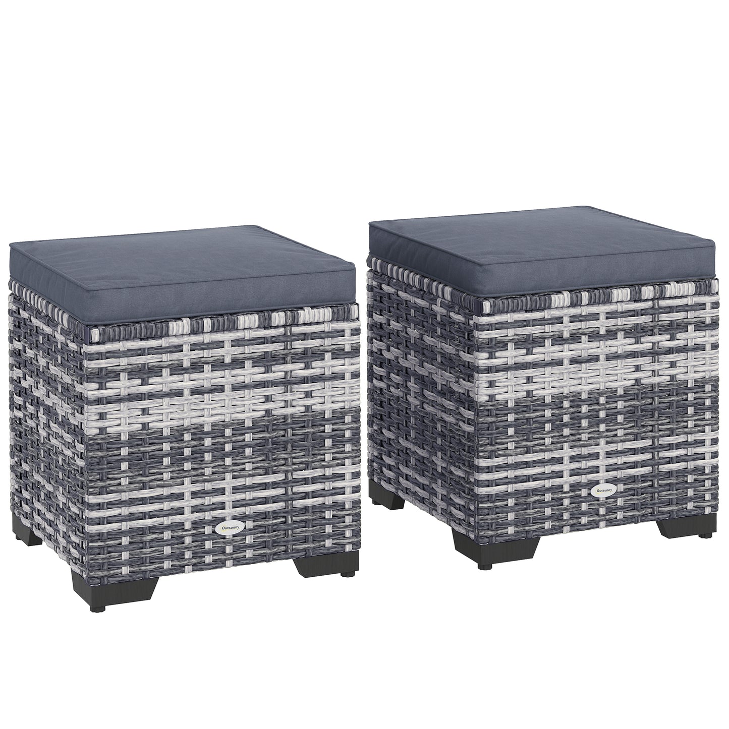 Set of 2 Rattan Storage Ottoman, Outdoor Footstool with Removable Cushions, Garden Storage Seat for Balcony, Porch