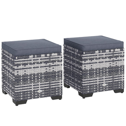 Set of 2 Rattan Storage Ottoman, Outdoor Footstool with Removable Cushions, Garden Storage Seat for Balcony, Porch
