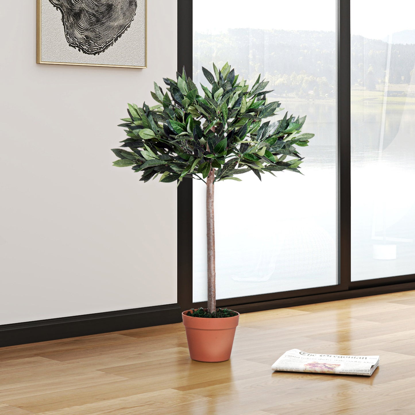 Artificial Bay Tree In Pot, 3ft Tall Indoor Outdoor Garden Topiary Ball with Solid Wood Trunk
