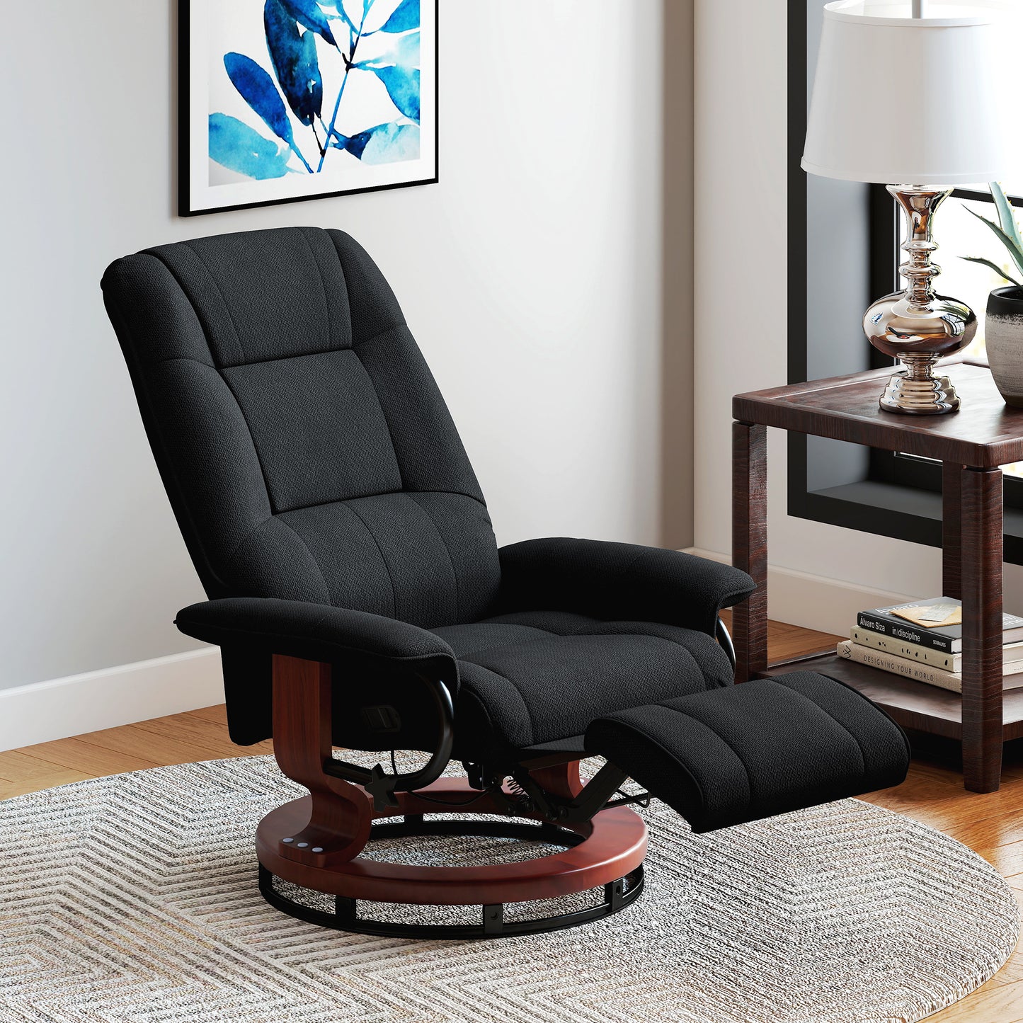 Reclining Swivel Chair, with Footrest - Black