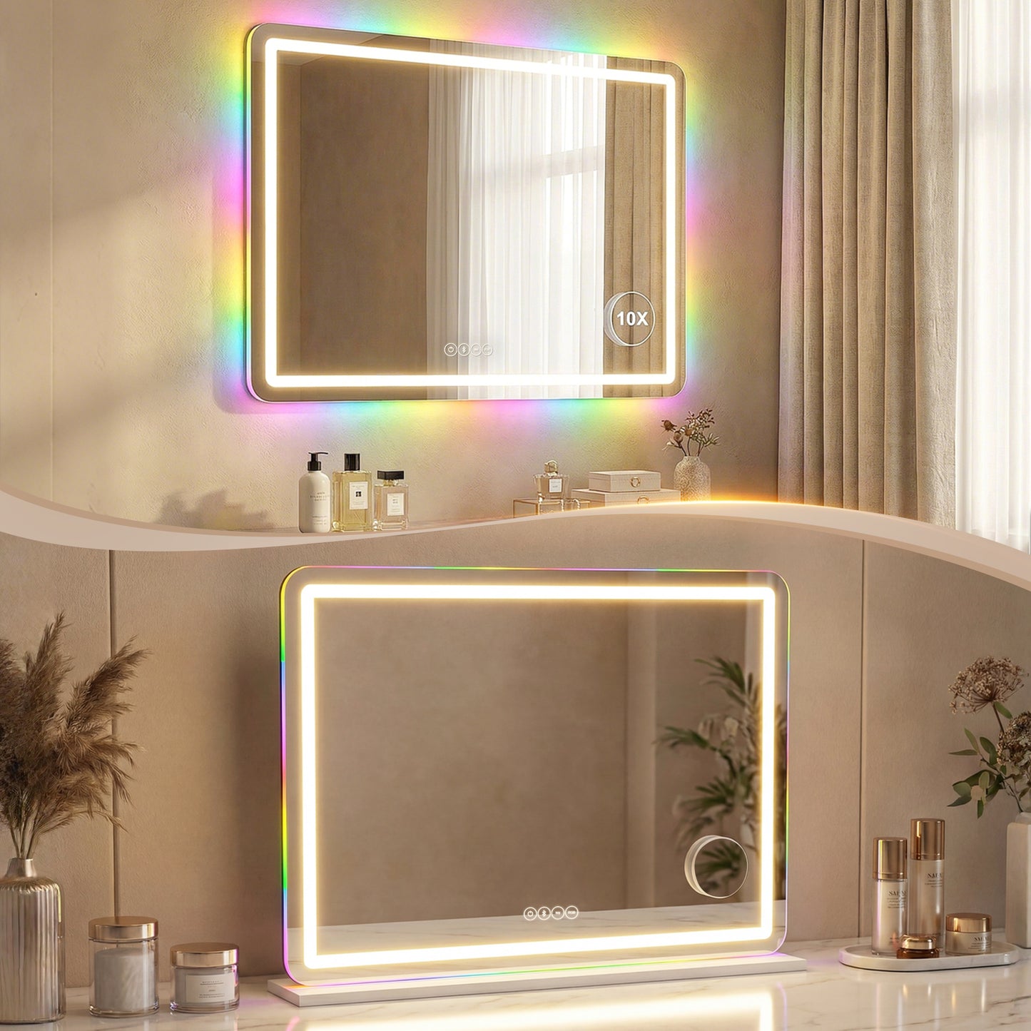 Vanity Mirror with Lights, Dimmable Makeup Mirror with Adjustable Colour Temperature, RGB Light, Bluetooth Speaker White
