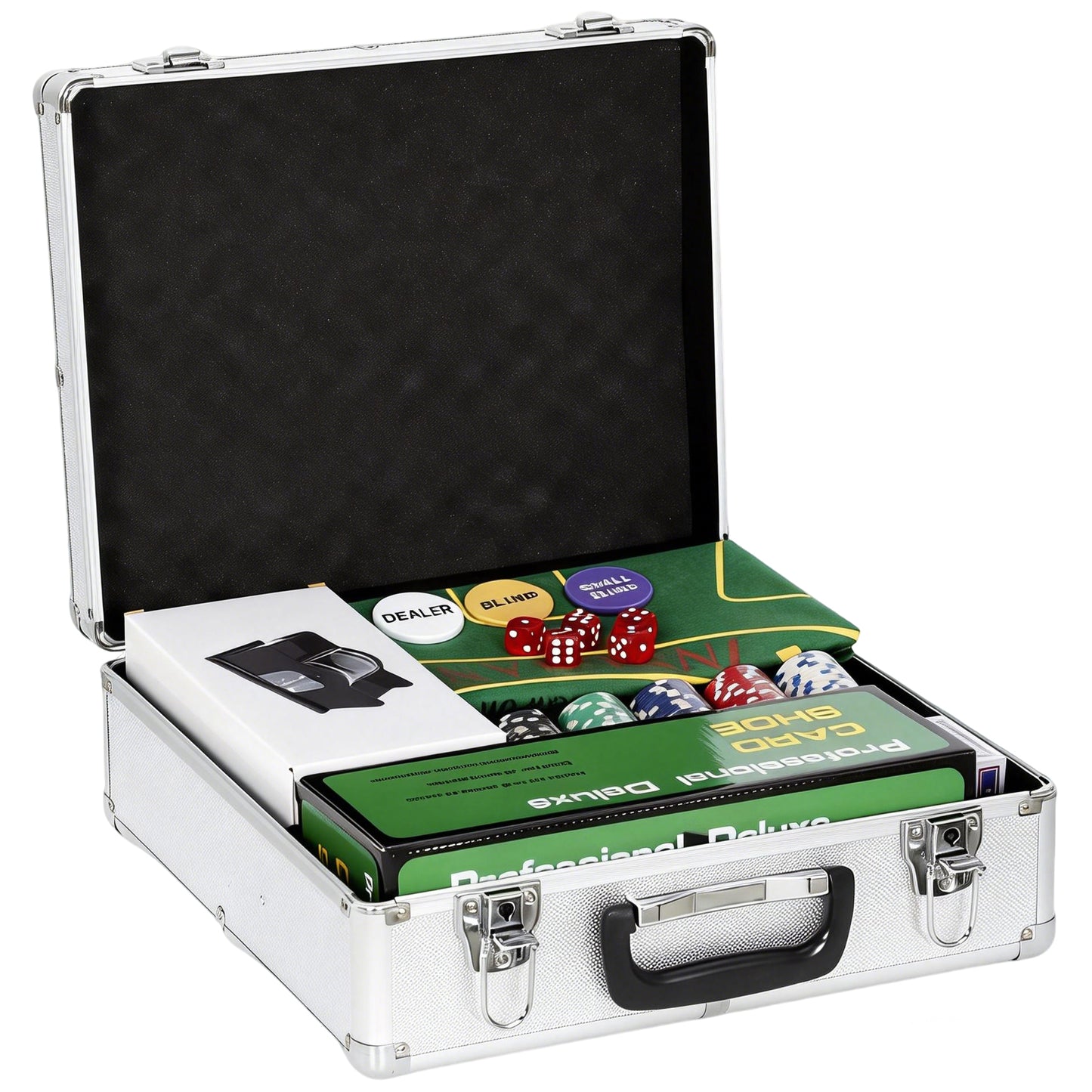 500-Piece Poker Chips Set with Card Shuffler, Card Shoe, Case, Casino Texas Holdem Poker Set with Mat, Silver Tone