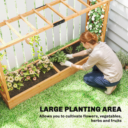 Raised Planter with Trellis, Wooden Raised Bed with Hanging Roof and Drainage Holes for Garden, Natural