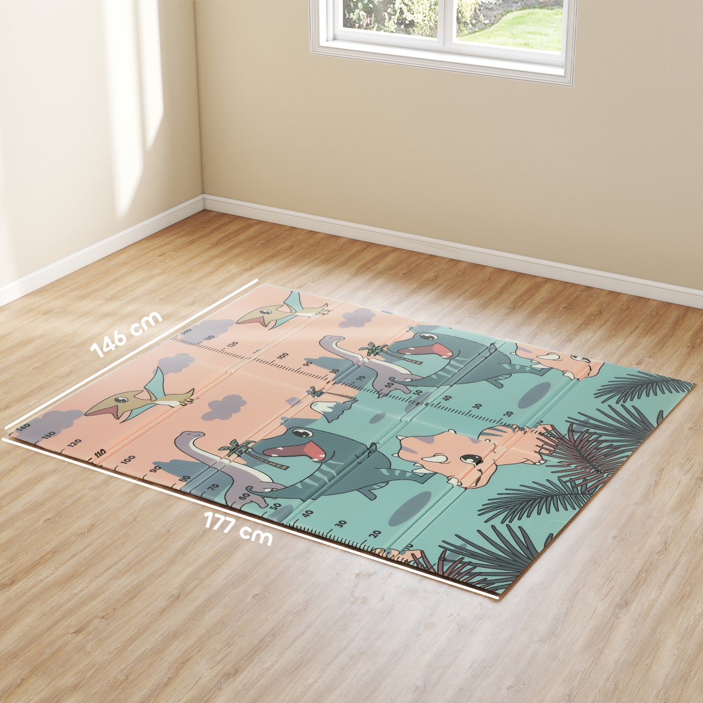 Dinosaur-Themed Baby Plat Mat Double Sided, Foldable, Water-Resistant for Outdoor/Indoor, 177 x 146 x 1.5cm