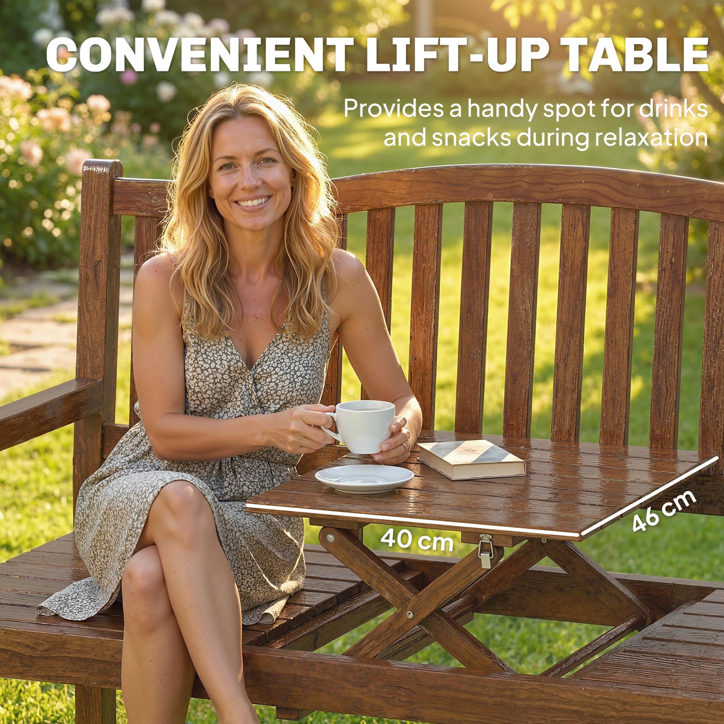 Garden Loveseat Bench, 2-3 Seater Outdoor Bench with Liftable Table and Waterproof Cover, Light Brown