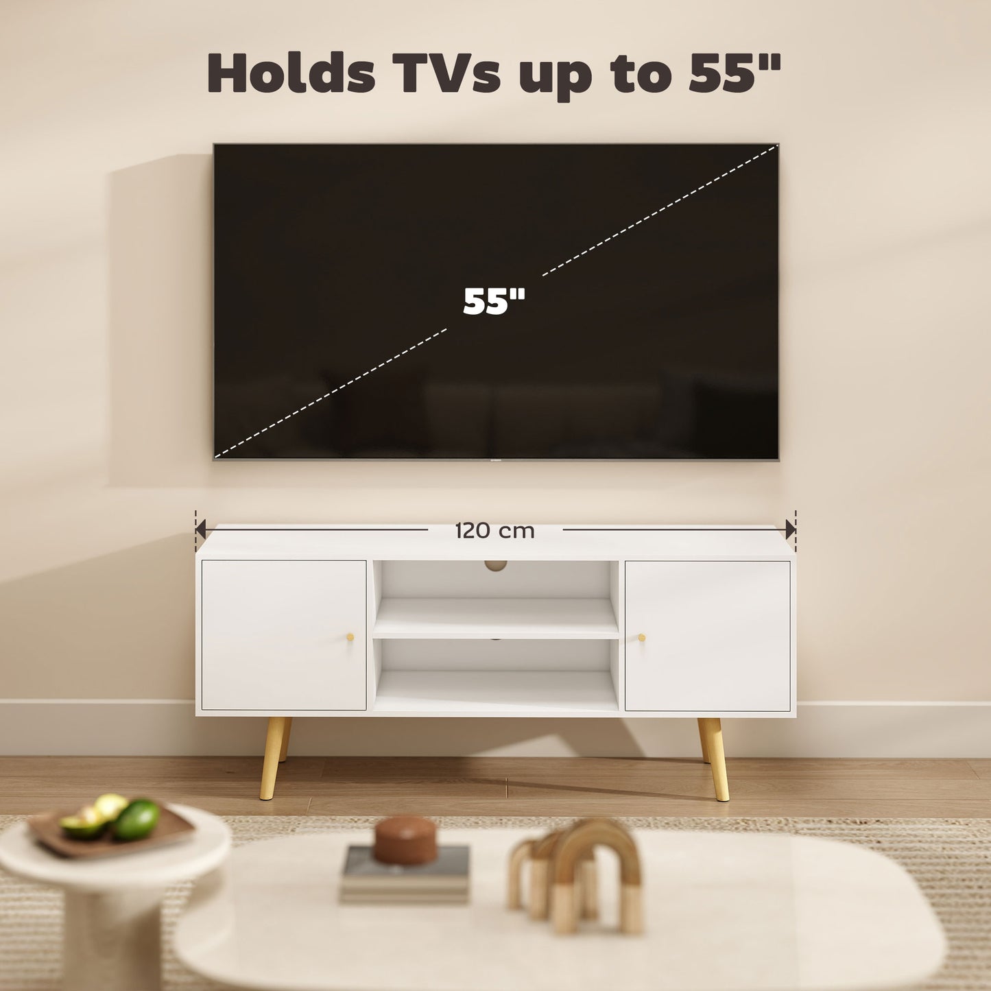 TV Stand Cabinet up to 55 Inches, TV Unit with Storage Shelves and Wood Legs for Living Room, Bedroom, White