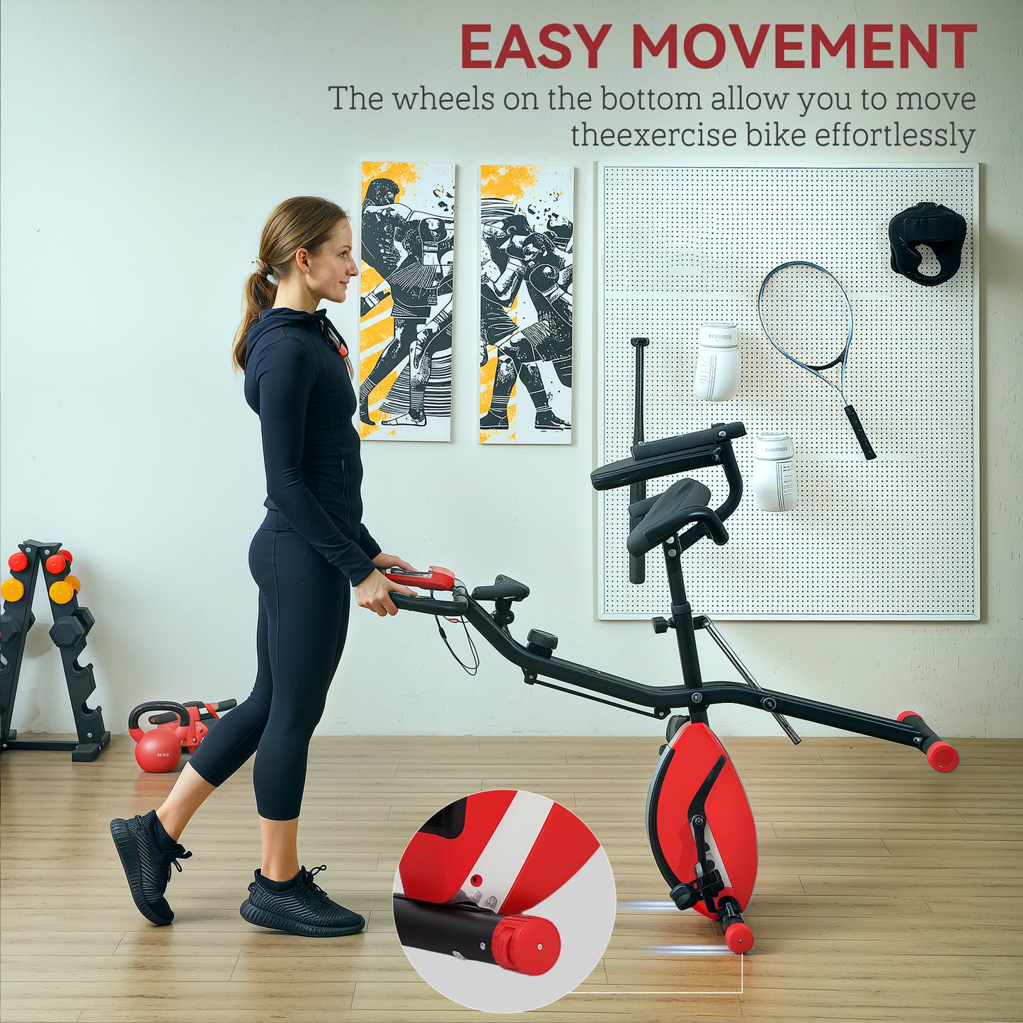 Five-in-one Foldable Exercise Bike, Stationary Bike with Arm Workout Bands, LDC Monitor, Phone Holder, Red