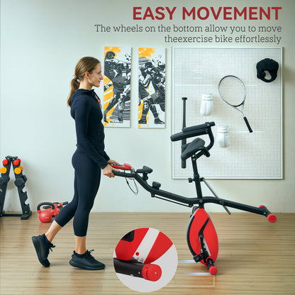 Five-in-one Foldable Exercise Bike, Stationary Bike with Arm Workout Bands, LDC Monitor, Phone Holder, Red