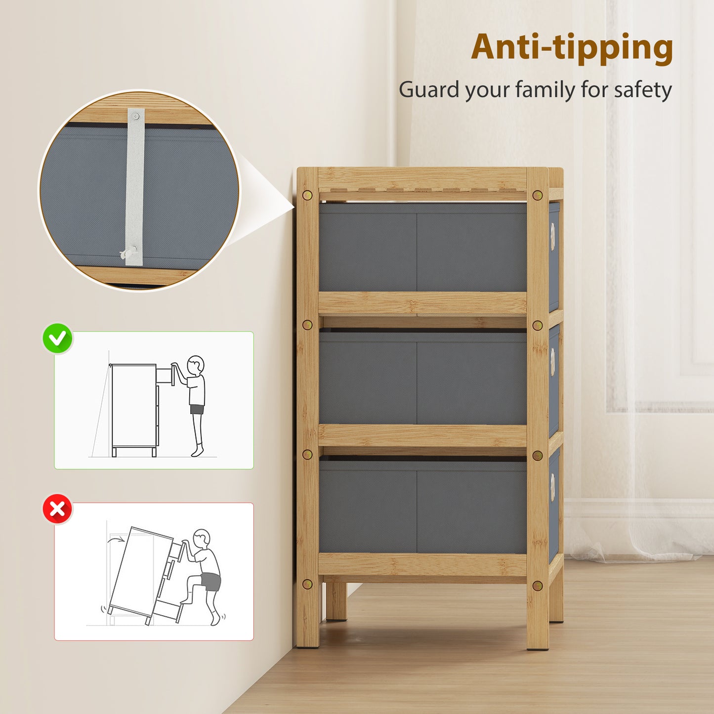 Chest of Drawers, 3 Fabric Drawers Narrow Dresser with Bamboo Frame, Light Grey